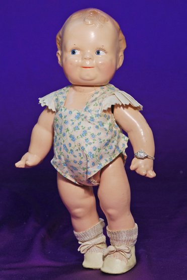 ALL-ORIGINAL COMPOSITION SCOOTLES BY CAMEO: ALL-ORIGINAL COMPOSITION SCOOTLES BY CAMEO. 13”. Composition socket head, molded and painted curly hair, painted features, side-glancing blue eyes, upper lashes, closed mouth, original cotton play s