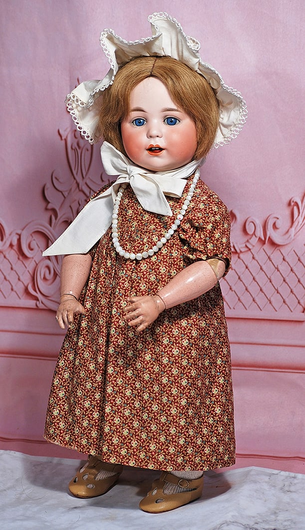 GERMAN BISQUE CHARACTER “JUTTA BABY” WITH TODDLER BODY BY DRESSEL: 16” Marks: Jutta Baby, Dressel, 1920 Bisque socket head, blue sleep eyes, painted lashes, feathered and brushstroked brows, deep cheek dimples, open mouth, shaded and accented lips, tongue, two uppe