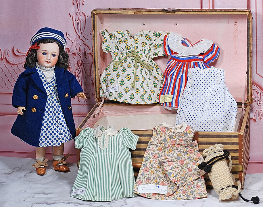 FRENCH BISQUE “BLEUETTE” FROM GAUTIER-LANGEREAU WITH TROUSSEAU: 11 1/2” Marks: Unis France 301 1 1/4 (head); 1 (foot) Bisque socket head, blue sleep eyes, painted lower lashes, applied upper lashes, lightly feathered brows, open mouth, upper teeth, brunette moha