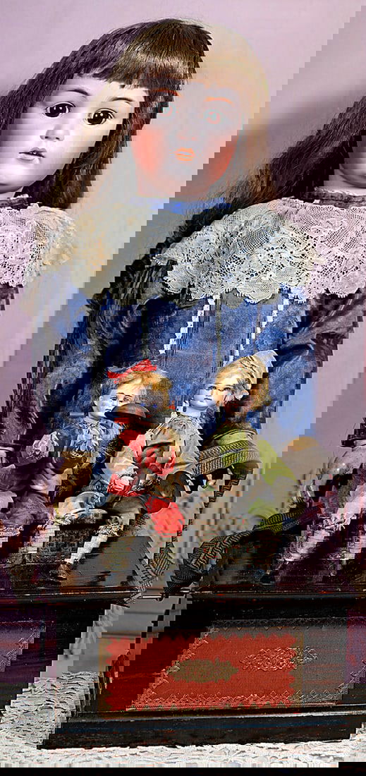 LARGE GERMAN BISQUE CHARACTER CHILD, 214, BY KESTNER: 30” Marks: L ½ made in Germany 15 ½, JDK 214 Bisque socket head, stationary brown glass eyes, painted lower lashes, dark eyeliner, feathered and brushstroked brows, open mouth, accented lips, uppe