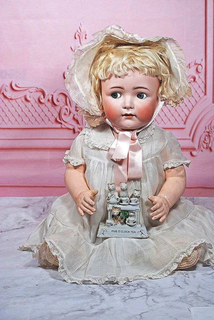 SIMOM & HALBIG BISQUE BABY, 1294, WITH RARE MECHANICAL FLIRTY EYES: 21” Marks: 1294 c made in Germany Bisque socket head, blue sleep eyes, painted lashes, feathered brows, open mouth, accented lips, two upper teeth, original blonde mohair wig, composition baby b