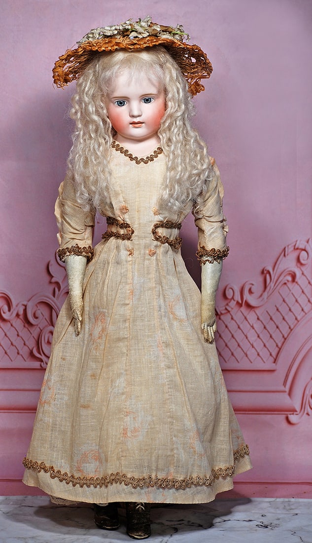 RARE GERMAN BISQUE LADY BY C: F KLING 21” Marks: 152 10 Bisque shoulderhead, solid-dome, stationary blue glass eyes, painted lashes, eyeliner, feathered brows, pierced ears, open/closed mouth with sculpted teeth and white space