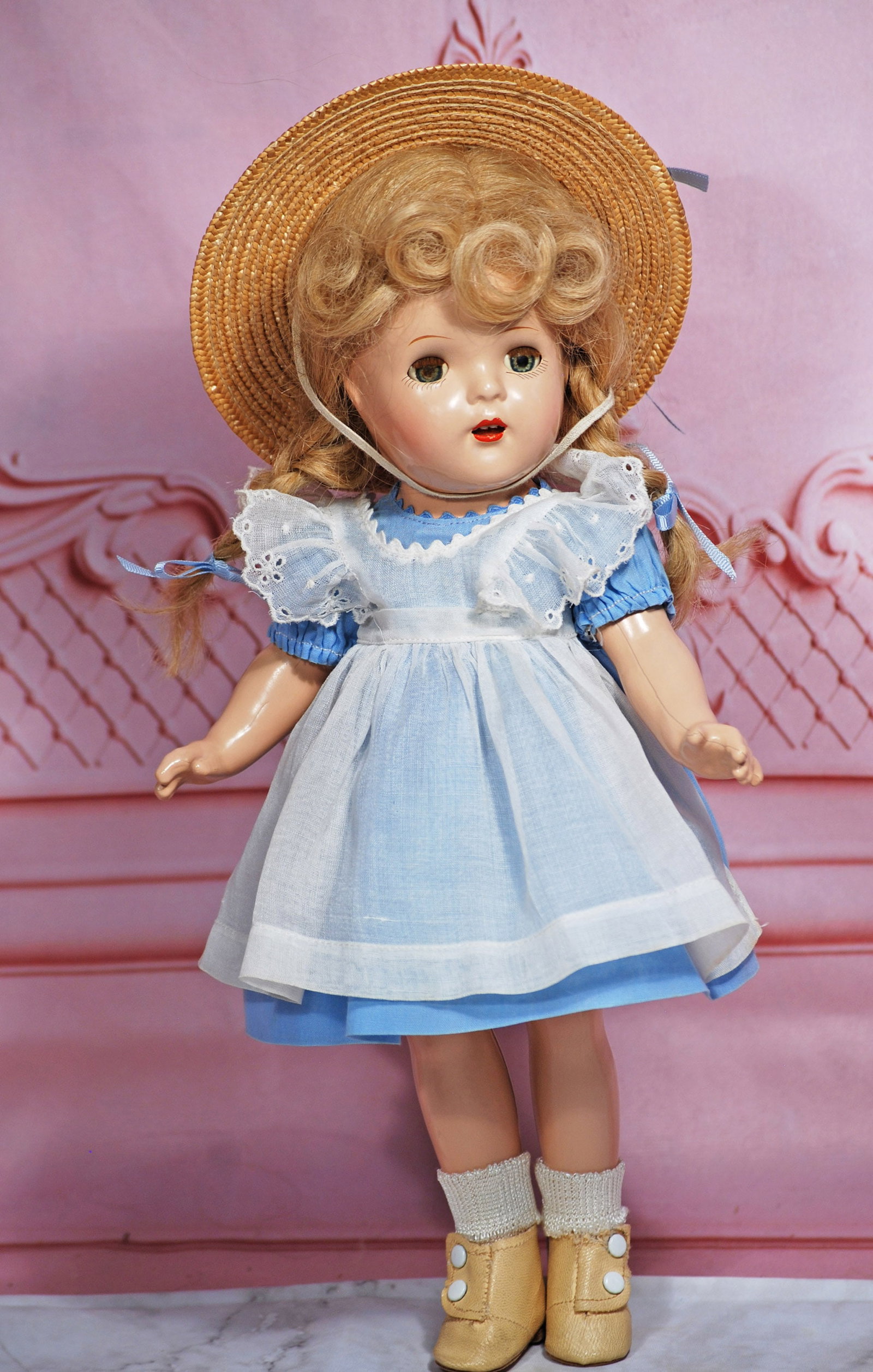 MADAME ALEXANDER COMPOSITION “MC GUFFEY ANA”: 13” Marks: 16 Composition socket head, five-piece jointed composition body, blue sleep eyes, painted lashes and applied upper lashes, open mouth, blonde mohair wig in braids, original, untagged, org
