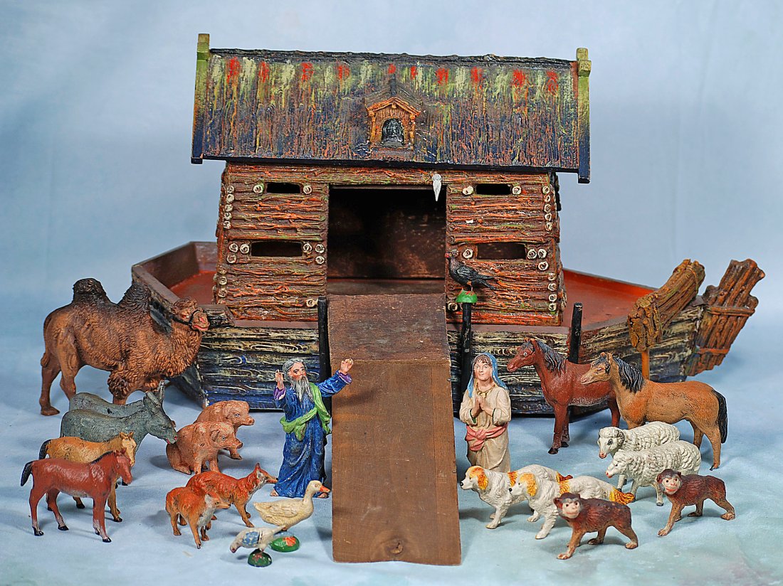 GERMAN ELASTOLIN NOAH’S ARK WITH FIGURES AND ANIMALS. (1 of 1)
