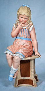 WONDERFUL HEUBACH BISQUE FIGURINE “SEATED CRYING GIRL”: WONDERFUL HEUBACH BISQUE FIGURINE “SEATED CRYING GIRL”. 12”. Marks: Heubach sunburst mark. All-bisque figure depicting a young girl seated on a bisque “wooden” stool, her legs