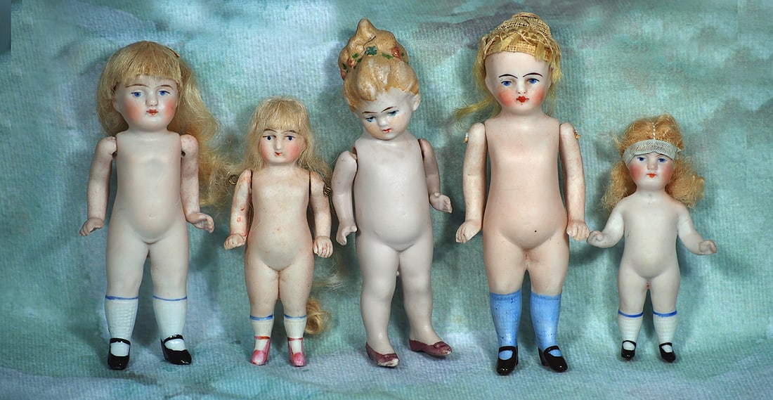 FIVE GERMAN ALL-BISQUE MINIATURE DOLLS (1 of 1)