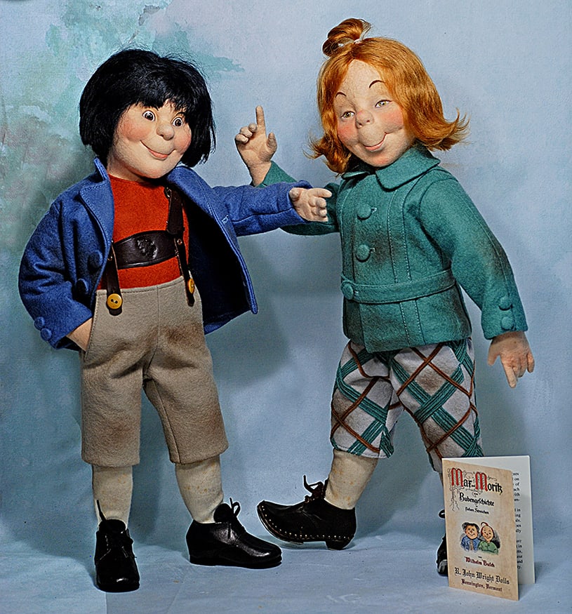 RARE R: RARE R. JOHN WRIGHT FELT CHARACTER DOLLS “MAX & MORITZ”. 17”. All-felt dolls, each with swivel head, pressed and painted highly characterized features, jointed felt arms and legs, de