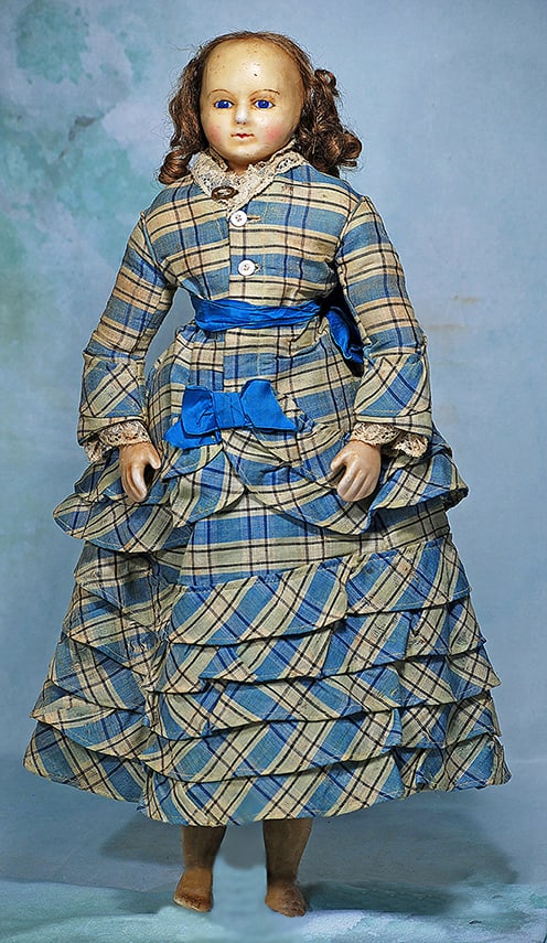 EARLY WAX-OVER PAPER MACHE LADY IN WONDERFUL ORIGINAL COSTUME (1 of 2)