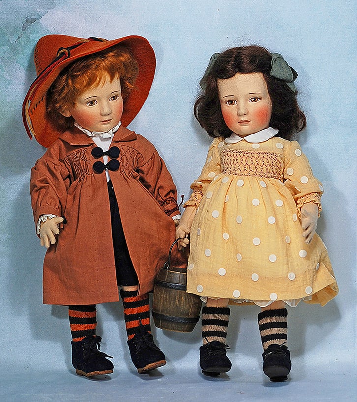EXCLUSIVE EDITION “JACK AND JILL” BY R: EXCLUSIVE EDITION “JACK AND JILL” BY R. JOHN WRIGHT. 17”. Young boy and girl, each with felt swivel head, five piece jointed felt body, painted facial features, brown eyes, blushed c