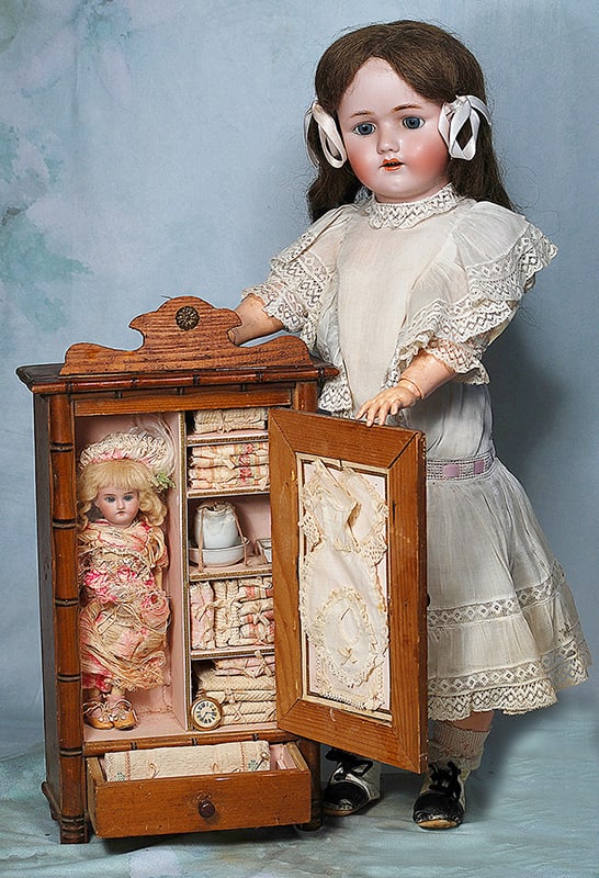 GERMAN BISQUE CHILD BY SIMON AND HALBIG: GERMAN BISQUE CHILD BY SIMON AND HALBIG. 24”. Marks: Heinrich Handwerck/ Simon & Halbig Germany. Bisque socket head, blue sleep eyes, painted lashes, eyeliner, molded and feathered brows, pierce