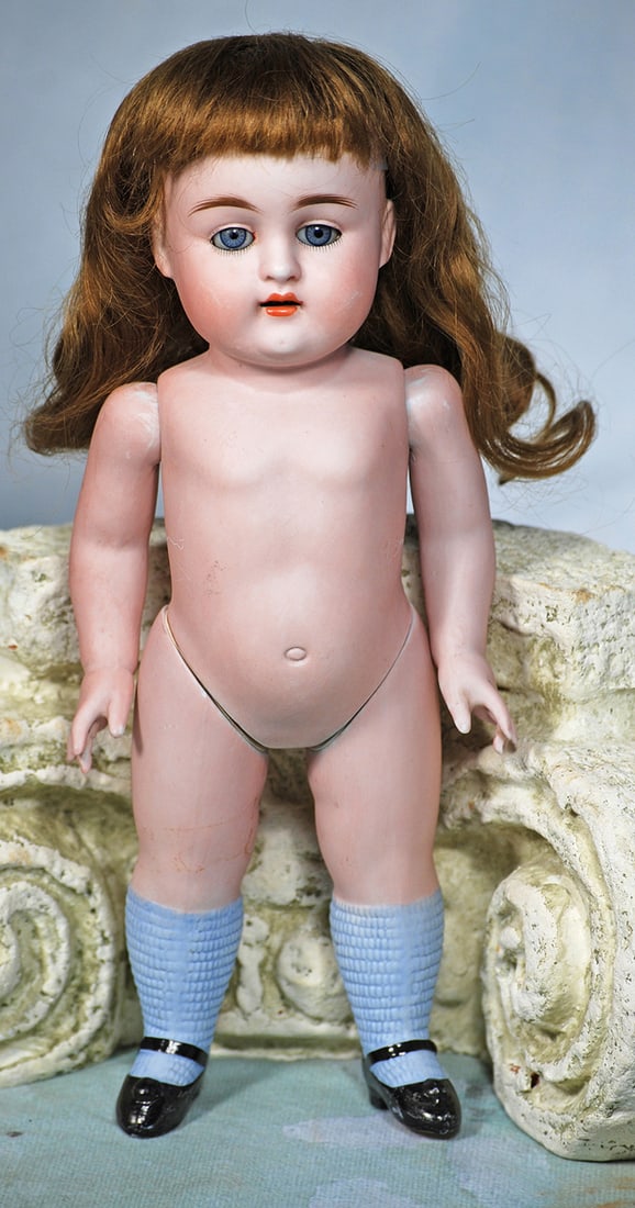 LARGE ALL-BISQUE DOLL, 150, BY KESTNER: LARGE ALL-BISQUE DOLL, 150, BY KESTNER. 11”. Marks: 150 6. All-bisque doll jointed at shoulders and hips, blue sleep eyes, painted lashes, feathered brows, open mouth, accented lips, upper teeth