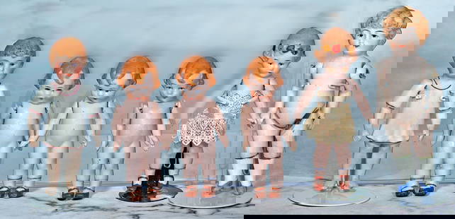 SIX MINIATURE ALL-BISQUE DOLLS: 1. SIX MINIATURE ALL-BISQUE DOLLS. Three all-bisque “Mibs” by Amberg, jointed shoulders, painted hair, features, shoes and socks, 3” H. plus 3 ½” girl jointed shoulders