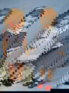 TWO HARD PLASTIC DOLLS: 8. TWO HARD PLASTIC DOLLS. 14” hard plastic walker by Alexander, redressed; 14” hard plastic doll marked ‘Made in USA”, original dress. Good condition. Estimate: $60/160