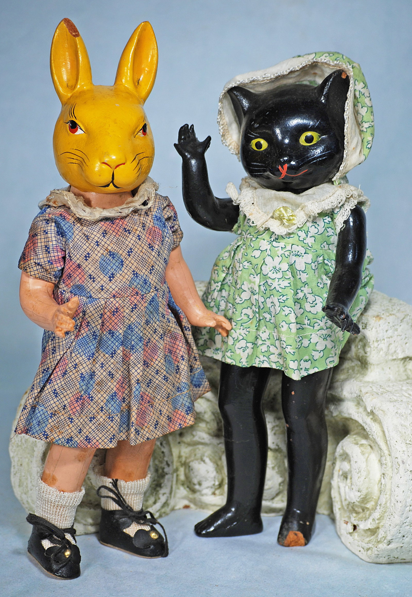 COMPOSITION, 1930S,  ANIMAL HEAD DOLLS, RABBIT AND BLACK CAT, BY FREUNDLICH (1 of 1)