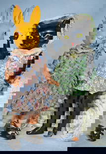 COMPOSITION, 1930S, ANIMAL HEAD DOLLS, RABBIT AND BLACK CAT, BY FREUNDLICH: 11. COMPOSITION, 1930S, ANIMAL HEAD DOLLS, RABBIT AND BLACK CAT, BY FREUNDLICH. Each is composition swivel head on five-piece jointed composition body, painted head and features, cotton dress. 