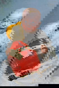 .KAMMER AND REINHARDT, 101, BISQUE CHARACTER BABY WITH “SKEEZIX” OIL CLOTH COMIC CHARACTER.: 15.KAMMER AND REINHARDT, 101, BISQUE CHARACTER BABY WITH “SKEEZIX” OIL CLOTH COMIC CHARACTER. 19”. Marks: K * R 101. Solid dome bisque socket head, painted hair, painted features,