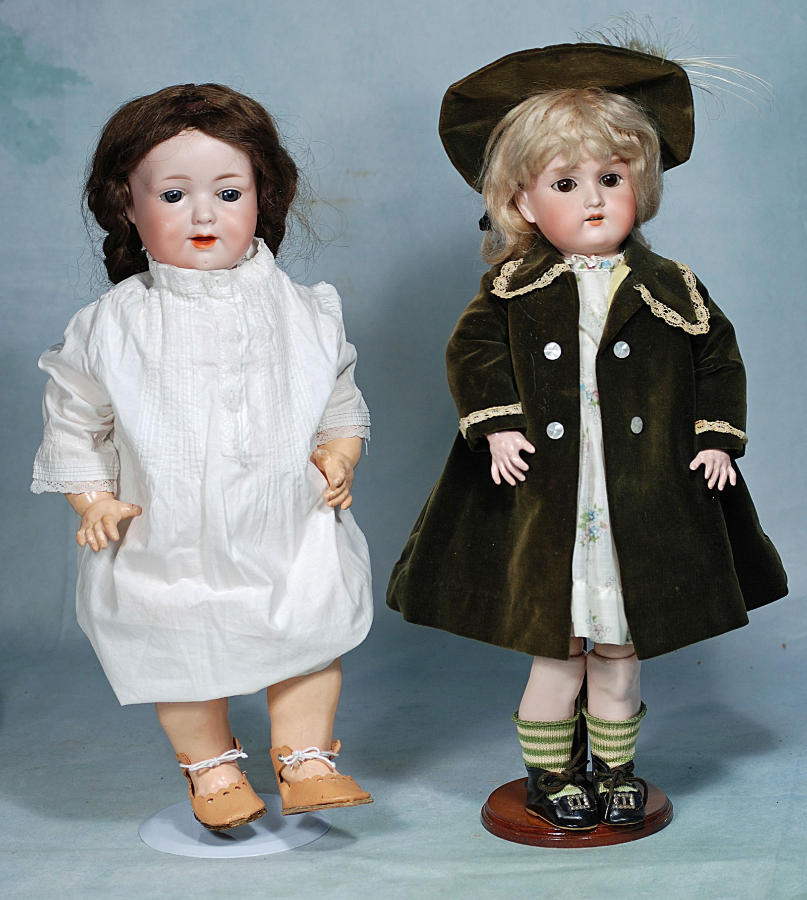 TWO GERMAN BISQUE DOLLS BY MARSEILLE.: 41. TWO GERMAN BISQUE DOLLS BY MARSEILLE. (1) 16” character doll marked A 5 M 590, socket head, sleep eyes, open mouth, upper teeth dimpled cheeks, human hair wig, five-piece composition jointed