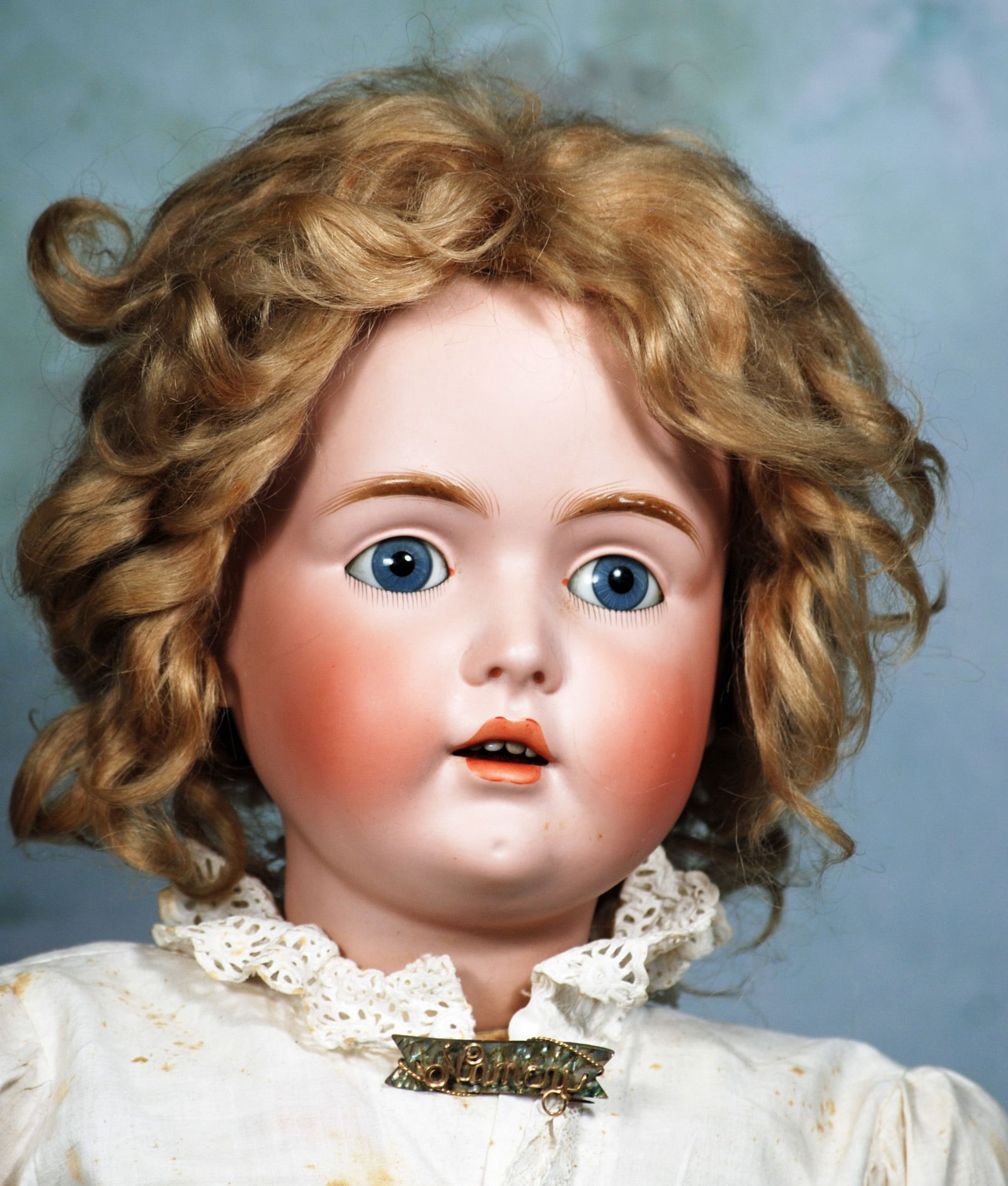 .LARGE GERMAN BISQUE CHILD BY KESTNER.: 48.LARGE GERMAN BISQUE CHILD BY KESTNER. 32”. Marks: 16 ½ made in Germany 16 ½. Bisque socket head, blue sleep eyes, painted lashes, feathered brows, open mouth, accented lips, upp