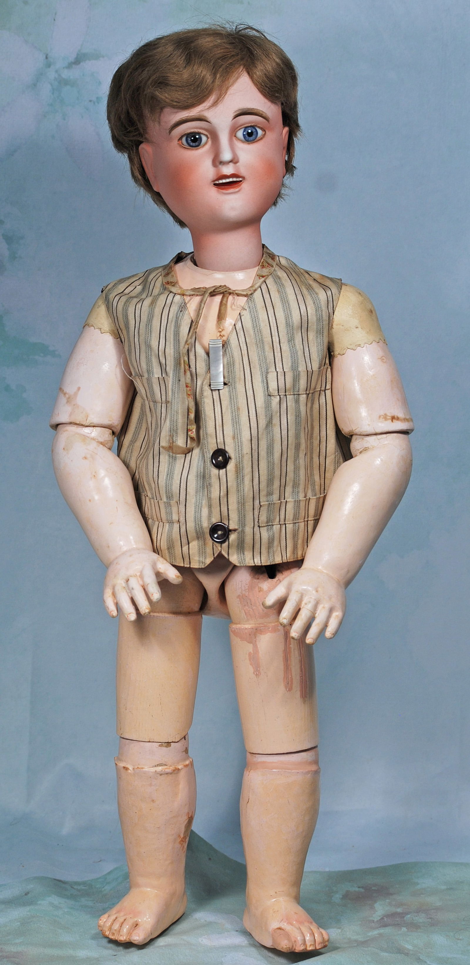 LARGE FRENCH BISQUE DOLL BY LANTERNIER.: 59.LARGE FRENCH BISQUE DOLL BY LANTERNIER. 26”. Marks: Lanternier symbol/depose/ tasson. Bisque socket head, large blue paperweight eyes, painted brown lashes and thick eyeliner, feathered brows