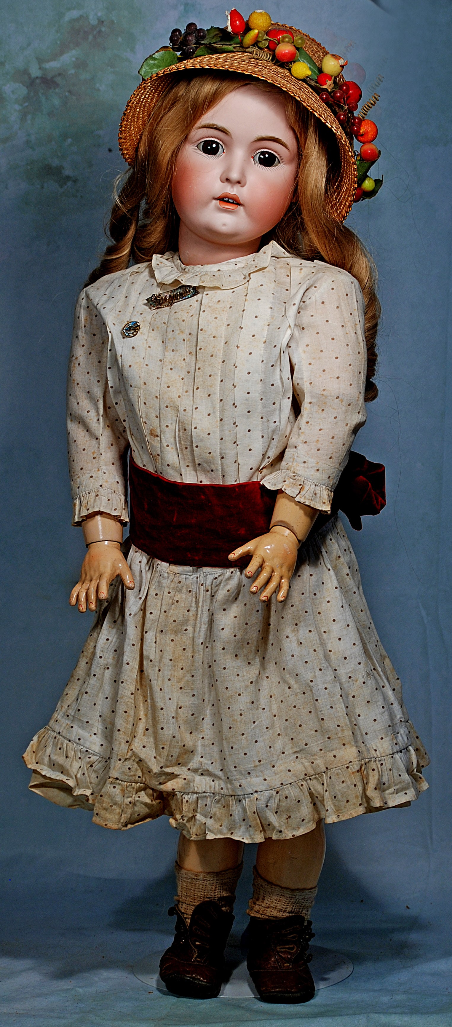 LARGE GERMAN BISQUE CHILD, 171, BY KESTNER.: 74. LARGE GERMAN BISQUE CHILD, 171, BY KESTNER. 32”. Marks: M ½ made in German 16 ½, 171. Bisque socket head, brown sleep eyes, painted lashes, eyeliner, feathered brows, open mout