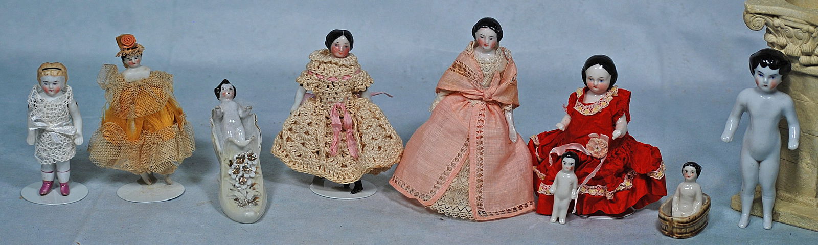 SIX MINIATURE PORCELAIN DOLLS AND TWO MINIATURE BISQUE DOLLS.  2” to 5”.  Two porcelain (1 of 1)