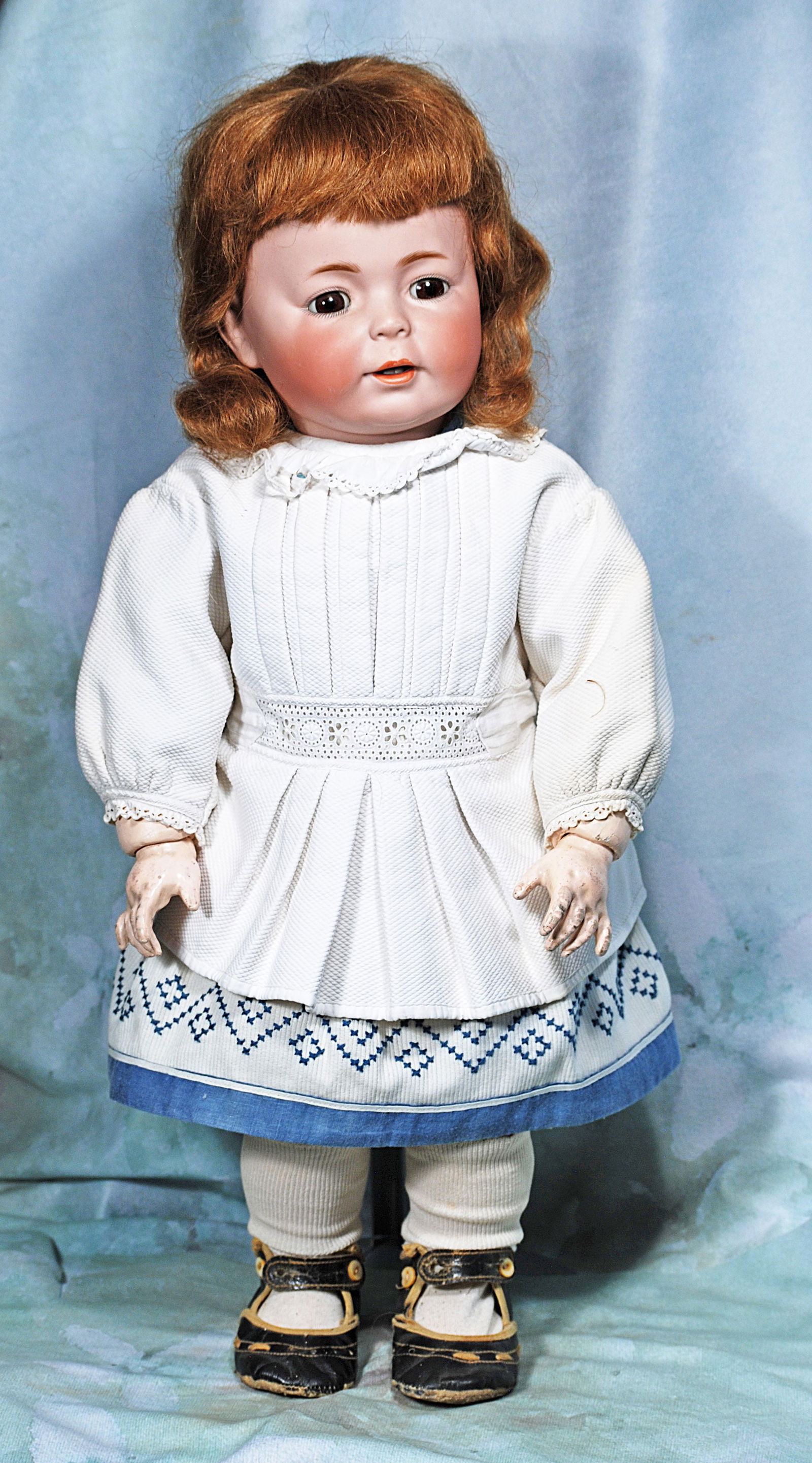 GERMAN BISQUE “ERIKA” TODDLER BY SIMON AND HALBIG.: 35-A. GERMAN BISQUE “ERIKA” TODDLER BY SIMON AND HALBIG. 22”. Marks: 1489 Erika Simon & Halbig. Bisque socket head, brown sleep eyes, ainted lashes, short brushstroked brows open mouth,