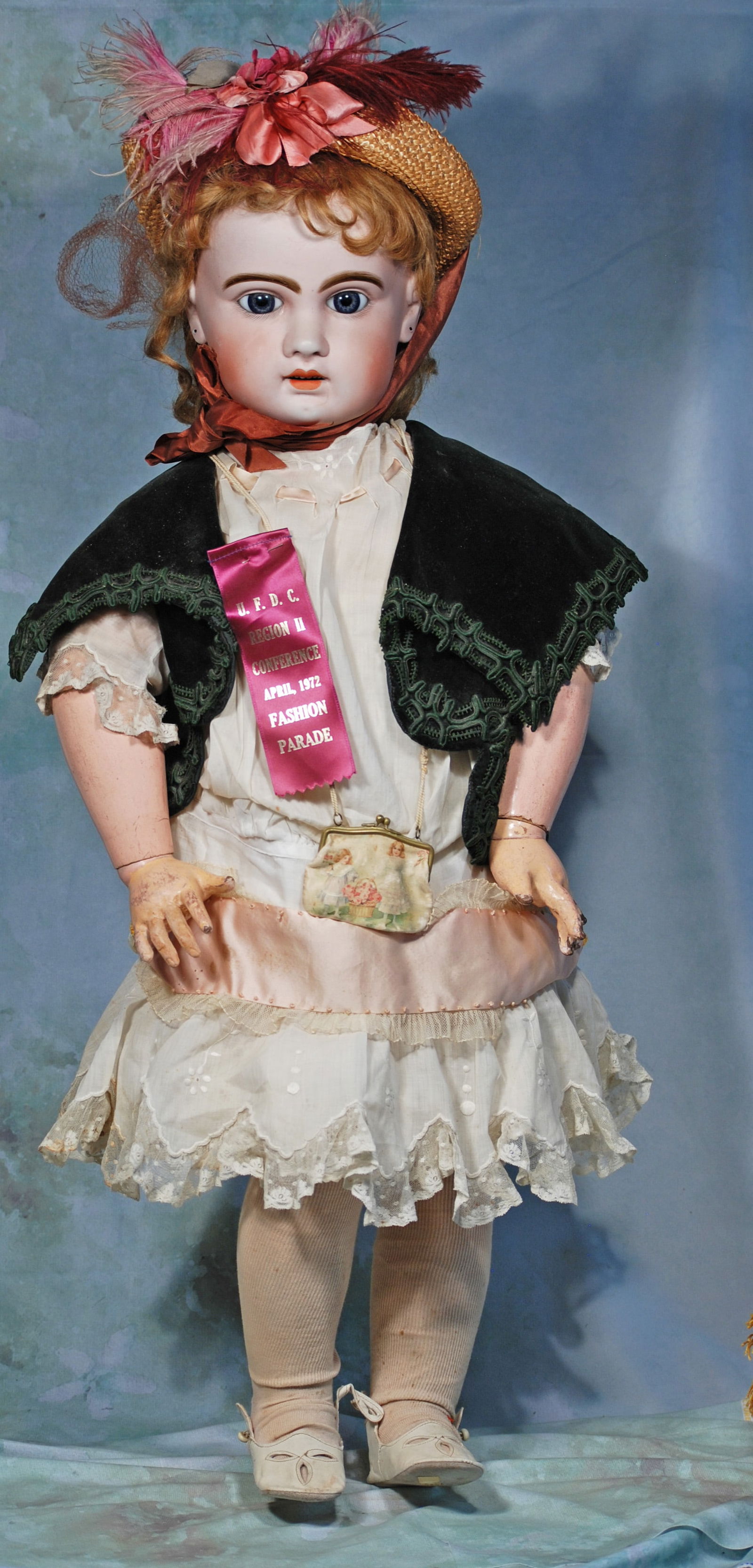 LARGE FRENCH BISQUE BEBE BY JUMEAU, SIZE 16.: 137-A LARGE FRENCH BISQUE BEBE BY JUMEAU, SIZE 16. 34”. Marks: 16. Bisque socket head, blue paperweight eyes, painted lashes, eyeliner, feathered brows, open mouth, accented lips, upper teeth, s