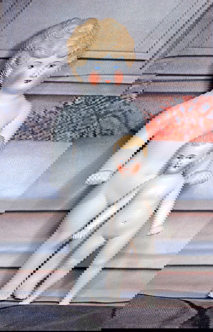 TWO GERMAN ALL-BISQUE FROZEN CHARLOTTE TYPE DOLLS. (1 of 1)