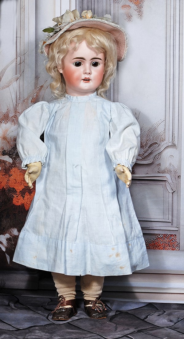 GERMAN BISQUE CHILD, 224, BY BAHR PROSCHILD.: GERMAN BISQUE CHILD, 224, BY BAHR PROSCHILD. 25". Marks: 224. Bisque socket head, brown sleep eyes, painted lashes, feathered brows, pierced ears, open mouth, accented lips, upper teeth, human hair wi