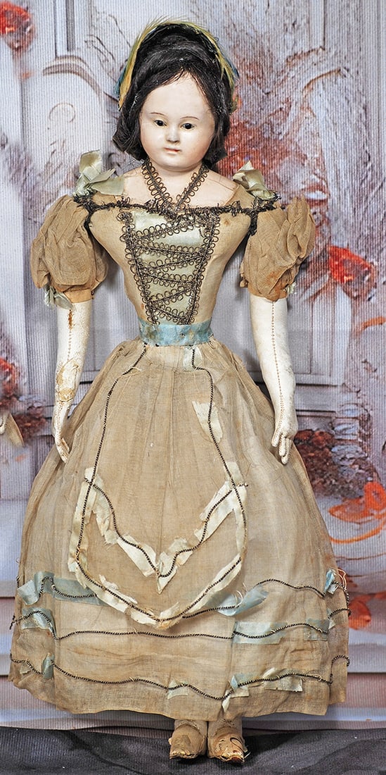 EARLY FRENCH PAPER MACHE LADY IN SUPERB ORIGINAL COSTUME, ATTRIBUTED TO VOIT. (1 of 2)
