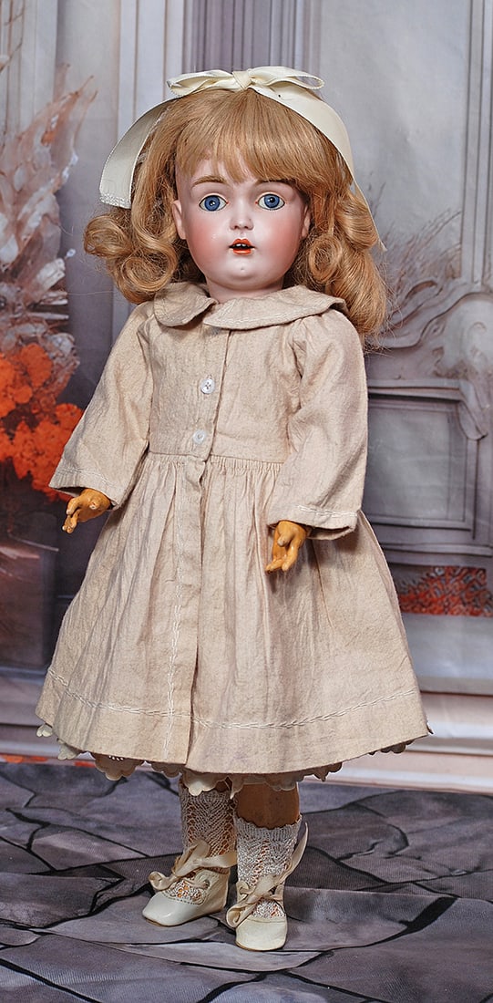 GERMAN BISQUE, DOLL MODEL 171, BY KESTNER.: GERMAN BISQUE, DOLL MODEL 171, BY KESTNER. 21". Marks: E. made in Germany 9, 171. Bisque socket head, blue sleep eyes, painted lower lashes, feathered brow, open mouth, accented lips, upper teeth, blo