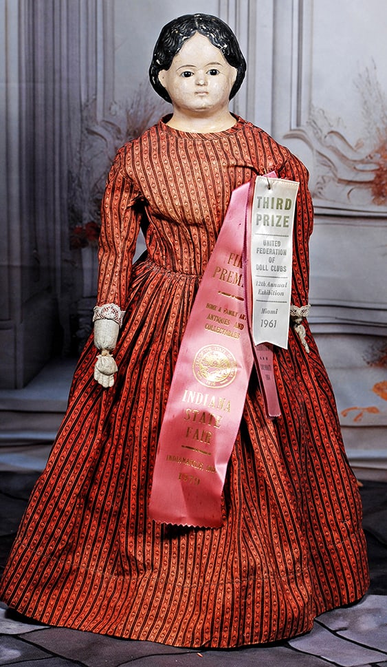 GERMAN, GLASS-EYED PAPER MACHE DOLL BY GREINER. (1 of 2)