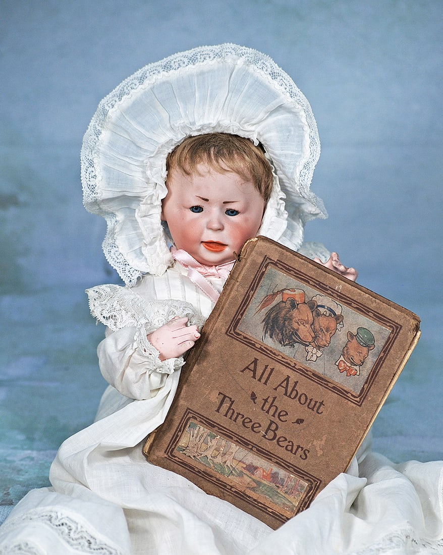 GERMAN BISQUE CHARACTER BABY, 1428, BY SIMON AND HALBIG WITH STORY BOOK.  11î.  Marks: 1428 4. (1 of 2)