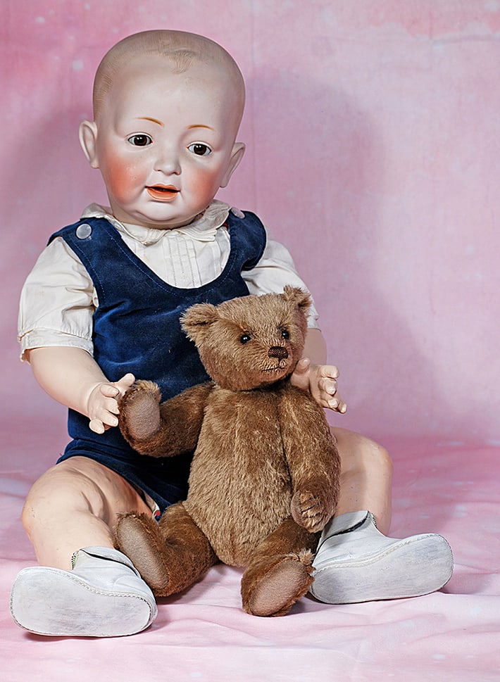 LARGEST SIZE GERMAN BISQUE CHARACTER BY KESTNER. 30”. Marks: JDK 20 made in Germany. Solid: LARGEST SIZE GERMAN BISQUE CHARACTER BY KESTNER. 30”. Marks: JDK 20 made in Germany. Solid dome bisque socket head, molded and painted baby, hair, brown sleep eyes, painted lashes, feathered bro