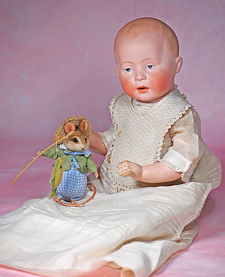 GERMAN BISQUE, DI, CHARACTER BABY BY SWAINE & CO. 13”.  Marks: DI 4 (incised); Geschultz S&C (1 of 2)