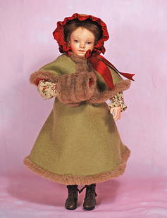 R. JOHN WRIGHT VICTORIAN CHILDREN SERIES “MARY FRANCES”. 10”. All-felt with: R. JOHN WRIGHT VICTORIAN CHILDREN SERIES “MARY FRANCES”. 10”. All-felt with fully-jointed body, hand-painted features, brown mohair wig, wearing silk-lined felt costume with alpaca t