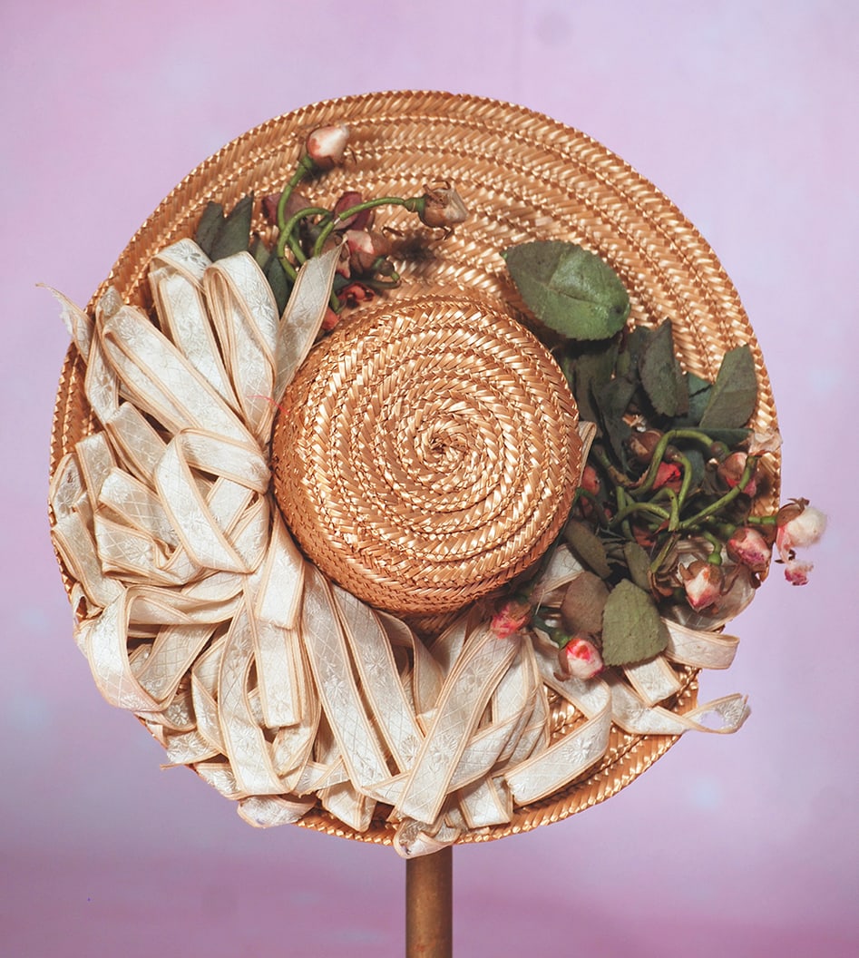 ANTIQUE STRAW DOLL BONNET.  Natural woven straw bonnet has shaped crown with 2 ½” (1 of 1)