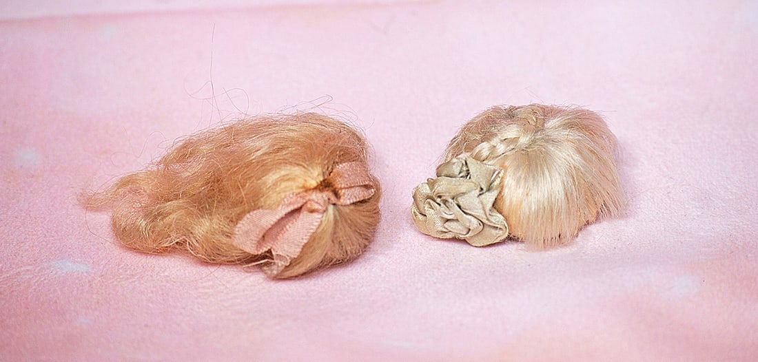 TWO ANTIQUE WIGS FOR MINIATURE DOLLS.  Each is blonde mohair wig for 2” to 2 1/2” head (1 of 1)