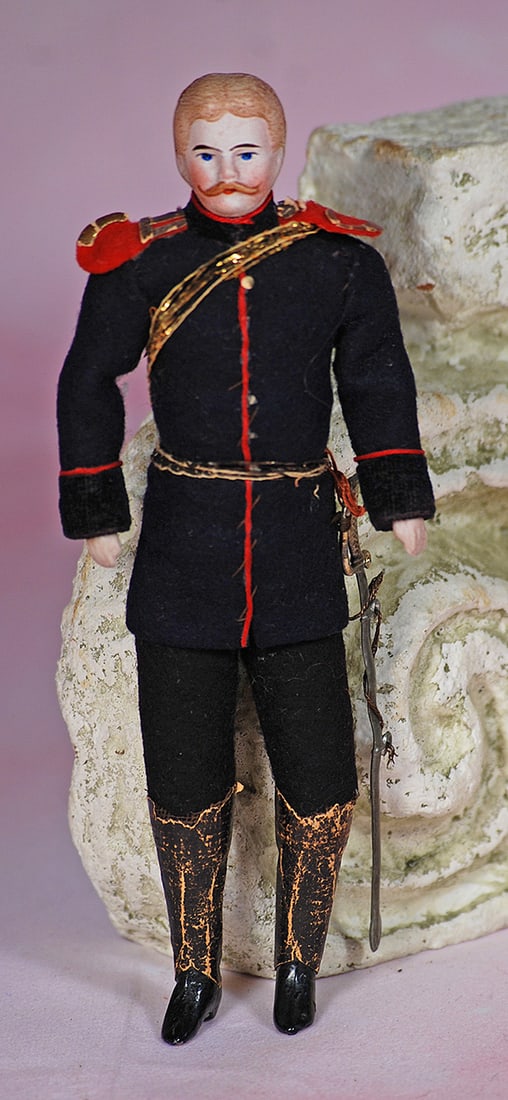 GERMAN BISQUE DOLLHOUSE SOLDIER.  6 1//4”.  Bisque socket head, sculpted and painted blonde (1 of 1)