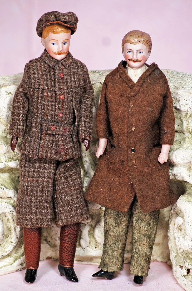 TWO GERMAN BISQUE DOLLHOUSE GENTLEMEN.  7 ¼”.  Each is bisque shoulderhead with sculpted (1 of 1)