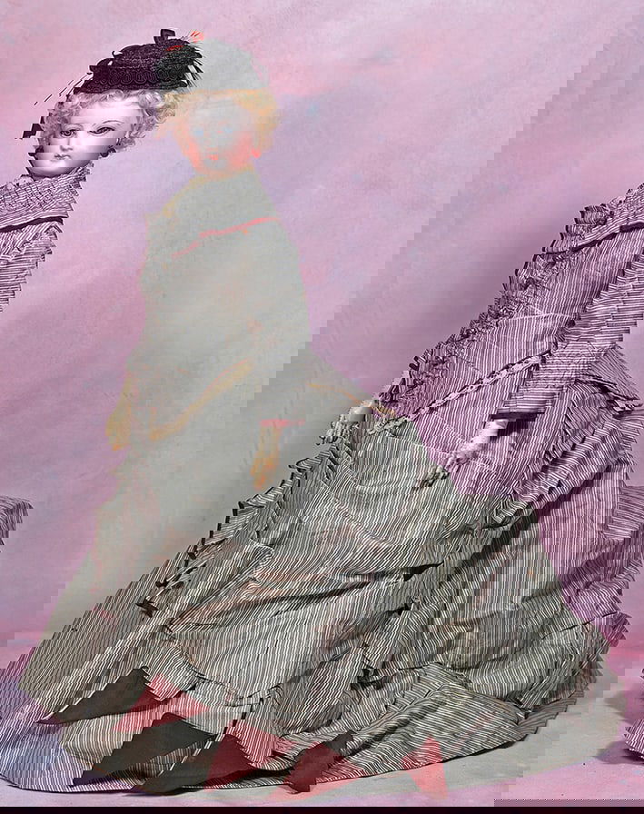 EARLY FRENCH BISQUE POUPEE WITH SUPERB COSTUME ATTRIBUTED TO BARROIS.  17”.  Marks: 3.  Bisque (1 of 2)