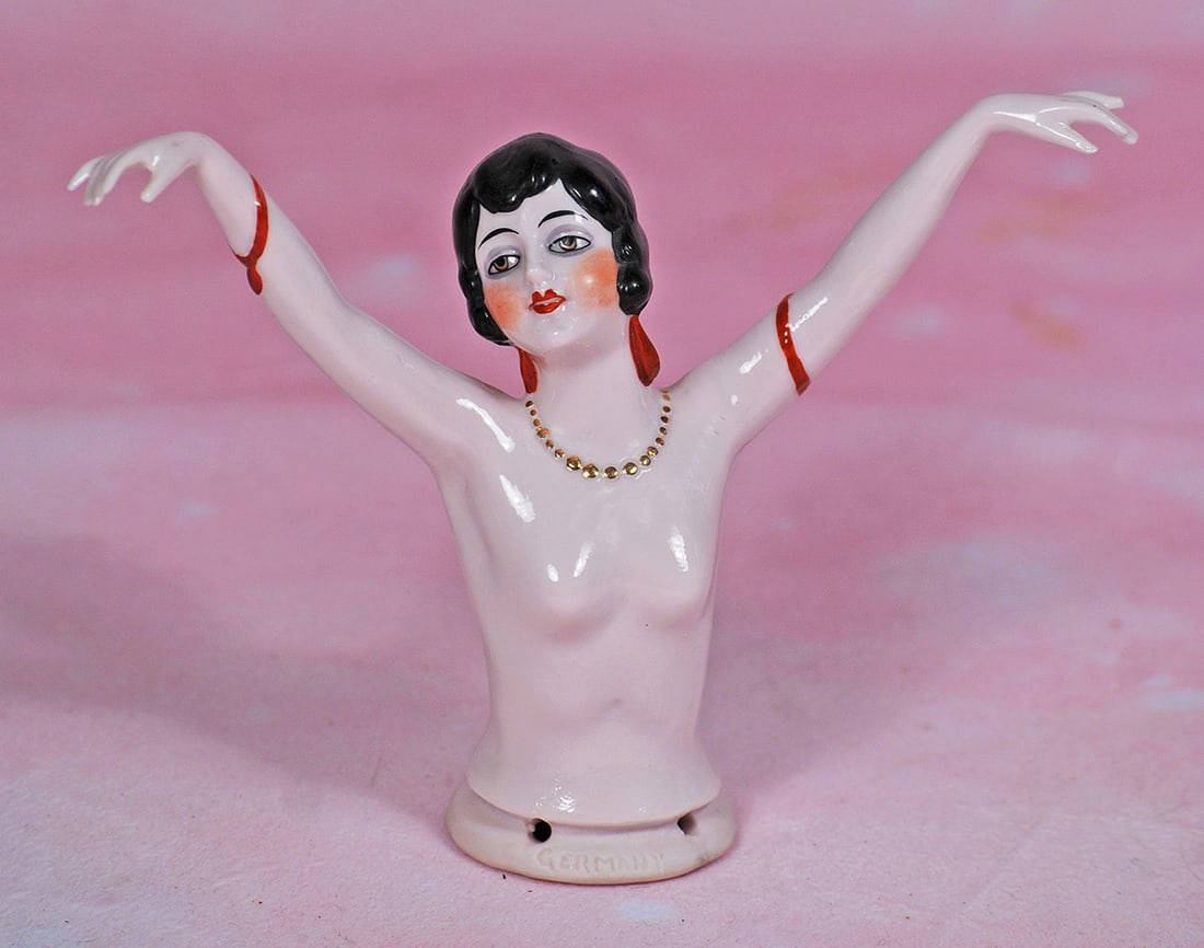 GERMAN PORCELAIN HALF DOLL WITH ARMS POSED AWAY.  4”.  Marks: 17033.  Waist-up porcelain (1 of 1)