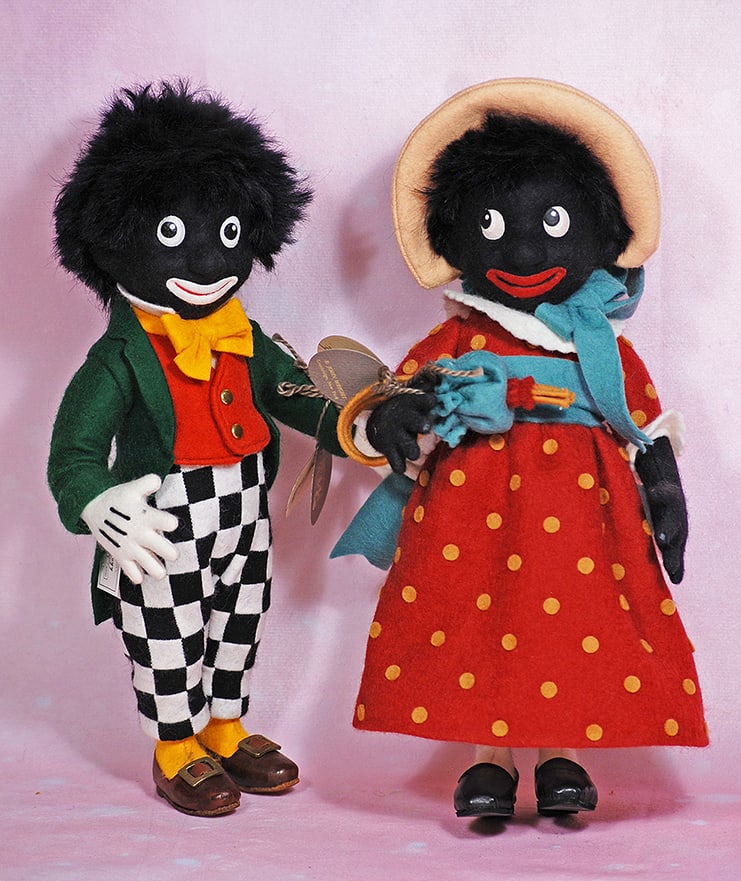 GOLLIWOG AND MISS GOLLI, R. JOHN WRIGHT COLLECTOR’S CLUB EDITION. 11”. Each has: GOLLIWOG AND MISS GOLLI, R. JOHN WRIGHT COLLECTOR’S CLUB EDITION. 11”. Each has pressed felt face with side-glancing googly eyes, black fleecy hair, jointed felt body, colorful original fe