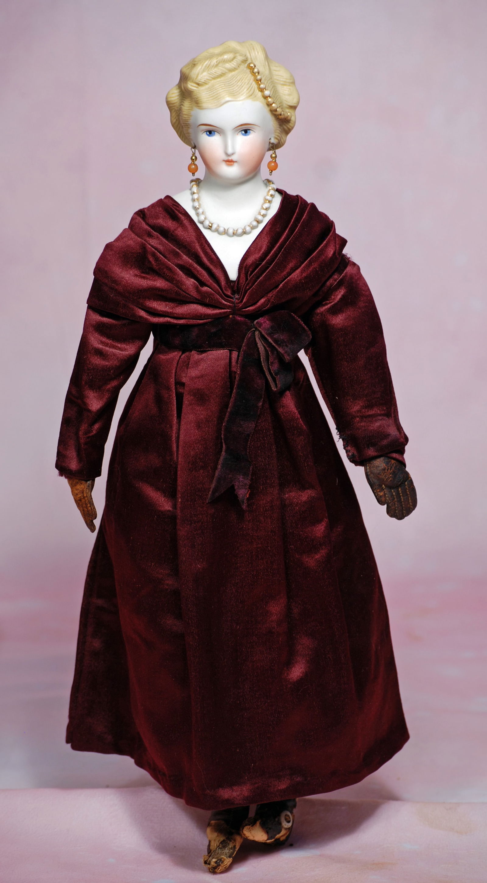 GERMAN BISQUE LADY WITH BEADED HAIR ORNAMENT AND NECKLACE.  14 ½”.  Bisque shoulderhead, (1 of 1)