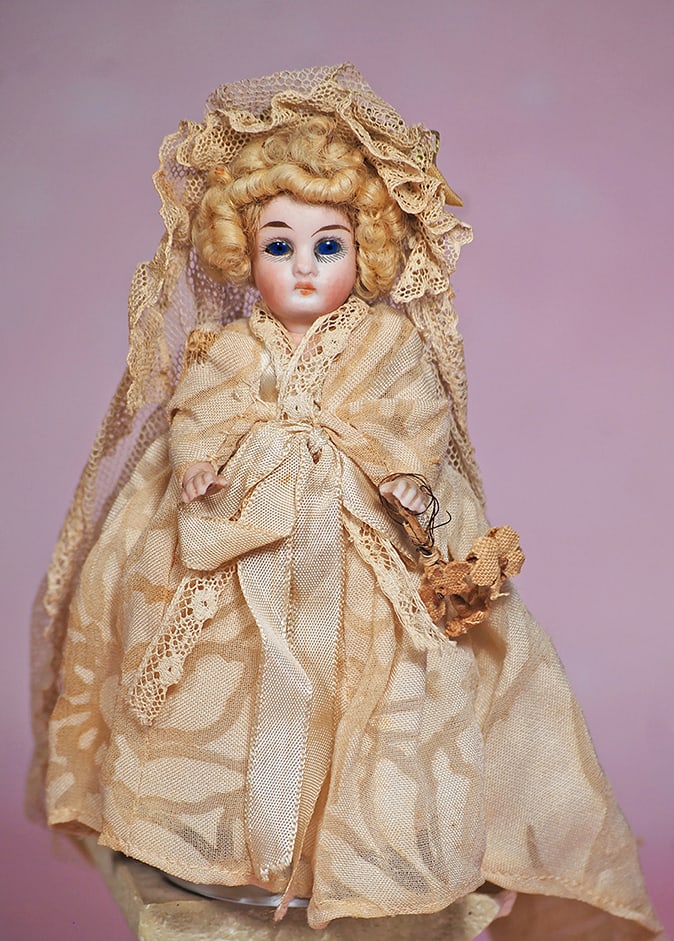 GERMAN ALL-BISQUE DOLL AS BRIDE.  5”.  Bisque swivel head on slender five-piece jointed bisque (1 of 1)