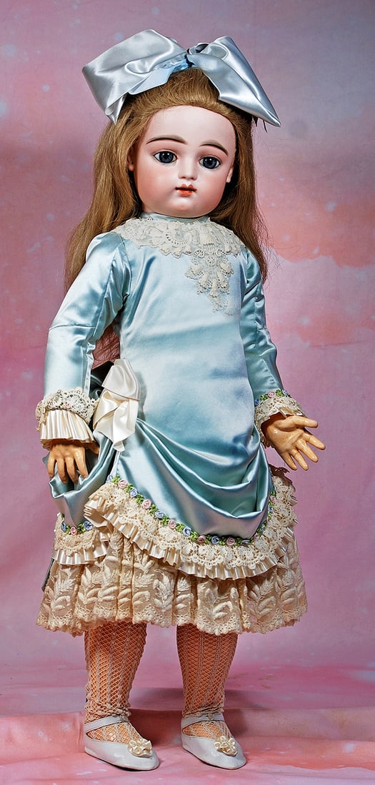 BEAUTIFUL LARGE FRENCH BISQUE BEBE BY GAULTHIER. 29”. Marks: 11 F.G. (scroll). Bisque: BEAUTIFUL LARGE FRENCH BISQUE BEBE BY GAULTHIER. 29”. Marks: 11 F.G. (scroll). Bisque socket head, large blue paperweight eyes, painted lashes, dark eyeliner, rose-blushed eye shadow, brushstrok