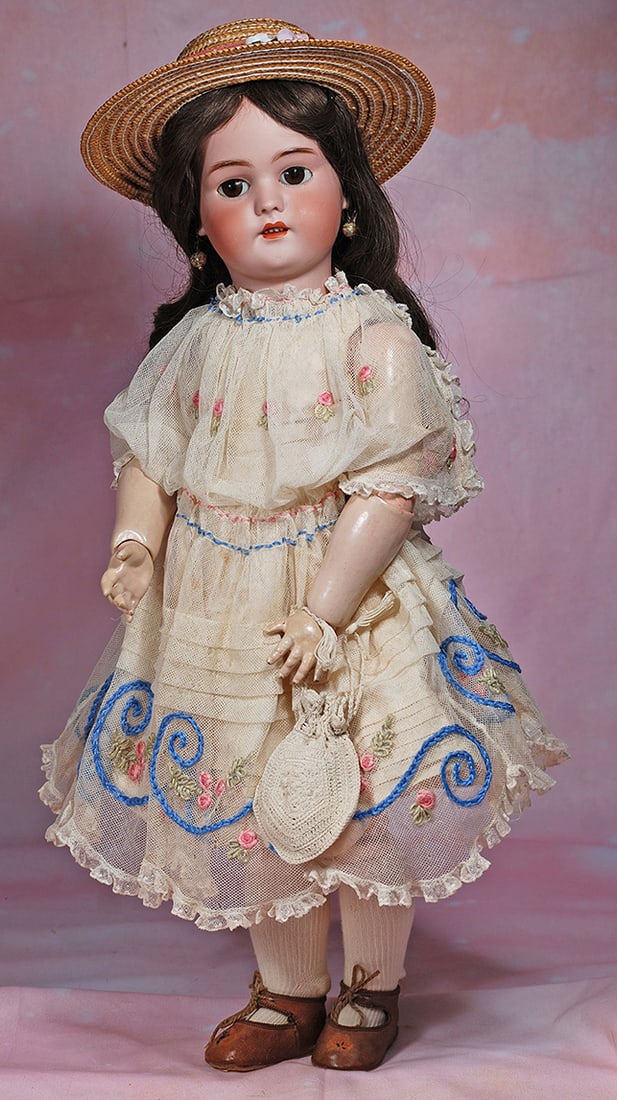 GERMAN BISQUE DOLL BY SIMON AND HALBIG. 22”. Marks: 1078 Simon and Halbig, S & H, 10.: GERMAN BISQUE DOLL BY SIMON AND HALBIG. 22”. Marks: 1078 Simon and Halbig, S & H, 10. Bisque socket head, brown sleep eyes, painted lower lashes, molded and feathered brows, pierced ears, open m