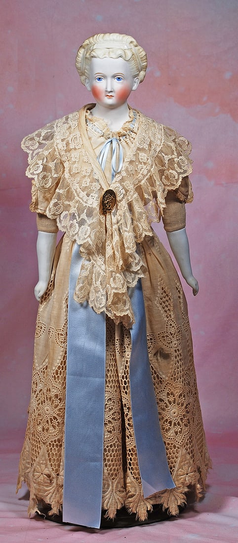 FINE LARGE GERMAN BISQUE LADY WITH SCULPTED FANCY COIFFURE.  25”.  Bisque shoulderhead with (1 of 3)