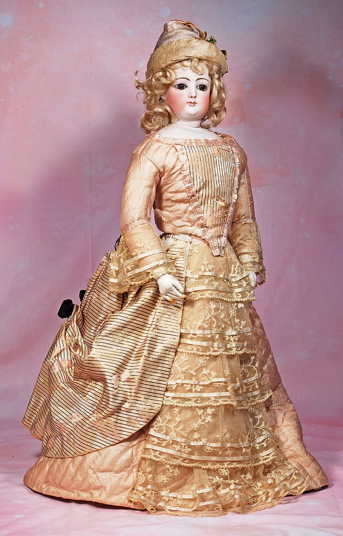 FRENCH BISQUE POUPEE BY GAULTHIER IN STUNNING SILK GOWN. 25”.  Marks: 8.  Bisque swivel head (1 of 2)