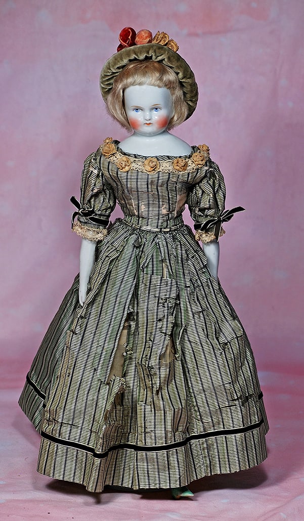 GERMAN PORCELAIN LADY DOLL KNOWN AS BEIDERMEIER. 17”. Solid-dome porcelain shoulderhead,: GERMAN PORCELAIN LADY DOLL KNOWN AS BEIDERMEIER. 17”. Solid-dome porcelain shoulderhead, painted features, light blue eyes, red and black eyeliner, tapered brows, plump cheeks, closed mouth, blo